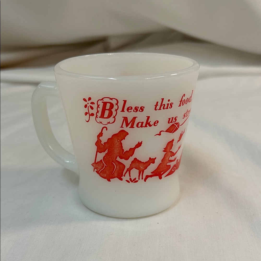 Fire King “Bless This Food” Milk Glass Coffee Cup Mug Anchor Hocking